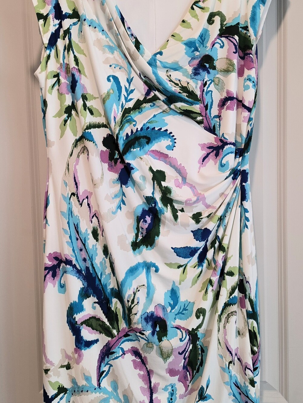Lauren Ralph Lauren White Midi Dress with Purple, Blue & Green Floral Print